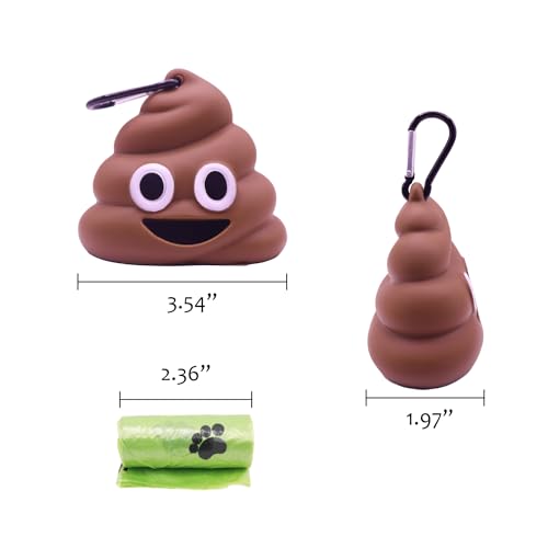Dog Poop Bag Holder for Leash With Carabiner Clip, Dispenser Includes 15 Waste Bags Roll, Funny Silicone Holder