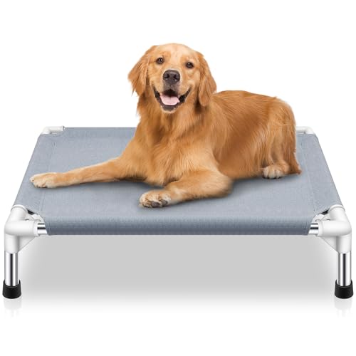 Elevated Cooling Dog Bed, Raised Outdoor Dog Bed for Medium Dogs, Portable Pet Cots with No-Slip Rubber Feet, Double Layer Polyester Cotton - color: Grey-M