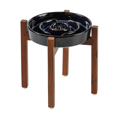 Havniva 1.6 Cup Elevated Slow Feeder Dog Bowls, 8.2” Ceramic Dog Slow Feeding Bowls with Acacia Wood Stand, Raised Dog Food Bowl Puzzle Slow Feeder for Medium Dogs/Fast Eater, Non-Slip & Anti-Choking - color: 1 x Starry Sky + Stand - A, size: L- 8.2inch /