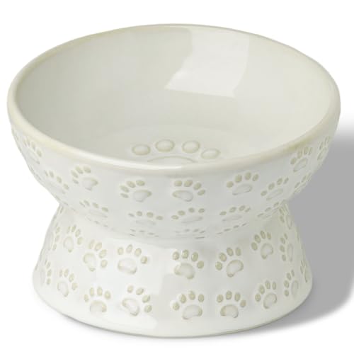 GDCZ Ceramic Tilted Elevated Cat Bowl, for Fat Faced Cat, Kitten (White) | 15° Tilted Elevated Design,5oz Small Meal Capacity,Chin-Friendly Ceramic,Paw Print - color: White