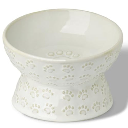 GDCZ Ceramic Tilted Elevated Cat Bowl, for Fat Faced Cat, Kitten (White) | 15° Tilted Elevated Design,5oz Small Meal Capacity,Chin-Friendly Ceramic,Paw Print - color: White