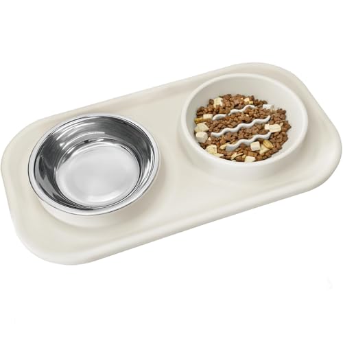 Waterproof Silicone Cat Food Bowls, Stainless Steel & Silicone Slow Feeder Double Bowls, Non-Skid & Non-Spill Raised Edge, Food and Water Feeder for Cat and Puppy - color: Silicone material-Beige