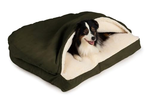 Snoozer Rectangle Cozy Cave Dog Bed - Indoor Dog Bed with Cover Cave, Covered Calming Burrow for Large Sized Pets with Blanket Attached, Enclosed, Washable Cover - XL, Olive - color: Olive, size: Extra Large