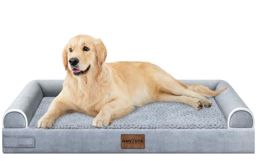 NANUYA Orthopedic Dog Bed for Large Dogs, 36 x 27 Inch, Light Grey | Egg crate foam for joint support, 3-sided bolster pet sofa, waterproof lining, washable cover, and non-skid base - color: Light Grey, size: 36.0"L x 27.0"W x 6.5"Th