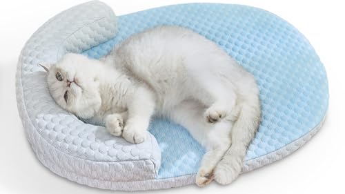 Summer Cat Cooling Mat - Cooling Cat Bed for Cats or Small Dogs, Cat Summer Sleeping Beds with U-Pillow Soft and Comfortable, Calming Cozy Cat Cushion Washable, Non-Slip Bottom Removable - color: Blue against Grey