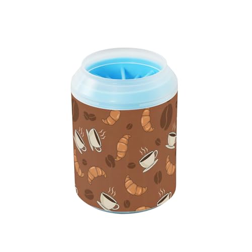 Breakfast Coffee Brown Print Dog Paw Cleaner Cup with Soft Silicone Brush, Portable Lightweight Small Muddy Paw Washer for Dogs, Easy to Use Pet Foot Cleaner