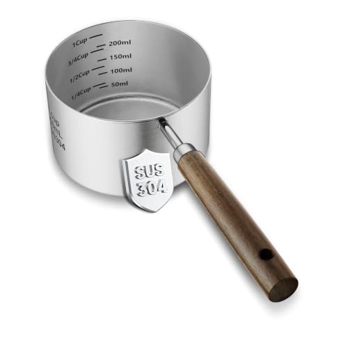 Dog-Cat Food Scoop 1 Cup, 304 Stainless Steel Measuring Cup with Long Wooden Handle, Pet Food Scoop for Rabbit, Easy to Clean Precise Scale