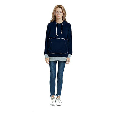 Pet Pouch Hoodie Long Sleeve Fleece Kitten Puppy Holder Carrier Sweatshirt for Women - color: Dark Blue, size: Medium