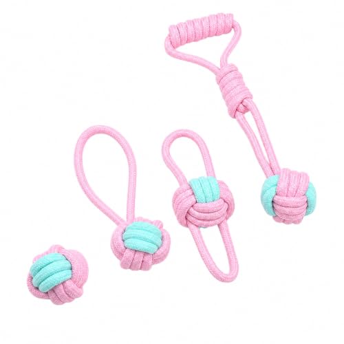 Durable Cotton Rope Dog Toys 7 Piece Set, Tough Chew Knot Balls for Teeth Cleaning, Interactive Tug and Fetch Toys for Small Medium Large Dogs, Indoor Outdoor Play - color: Blue and pink 4-piece set