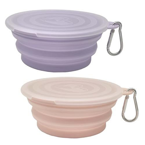 Small Collapsible Dog Bowl 12oz,2 Pack Portable and Foldable Pet Travel Bowls with 2 Carabiners & Lids for Dogs Cats and Small Animals (Macaron Purple+Pink, 350ml)
