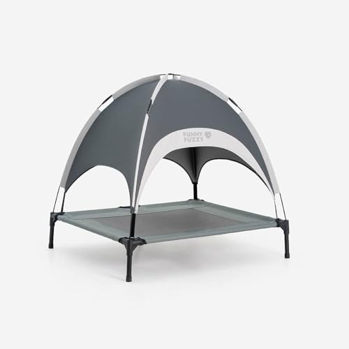 FUNNY FUZZY Elevated Cooling Dog Bed with Canopy(30"x24"x7") – Dog Cot Bed for Small,Medium Dogs with UV Shade, Breathable Mesh for Cooling, Indoor & Outdoor Use for Dogs up to 120 lbs