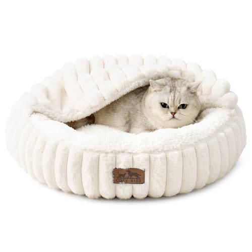 COZY KISS Hooded Blanket Cat Bed – 20"x20" Round Fluffy Donut Cuddler for Cats & Toy Dogs, Anti-Anxiety Faux Fur Pet Bed, Machine Washable with Non-Slip Bottom, Cream - color: Cream, size: 20"×20"×6"