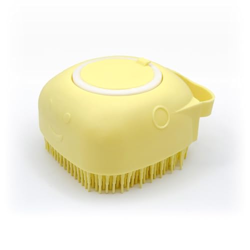 HamInWay Dog Bath Brush, 2-in-1 Dog Grooming Brush with Built-in Shampoo Dispenser, Gentle Silicone Bristles for Bath & Massage, Non-Slip Handle, Easy Clean Design for Dogs, Cats & Small Pets, Yellow - color: Yellow