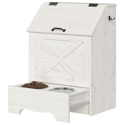 HOOBRO Dog Feeding Station with Sliding Drawer and 2 Hidden Bowls, Pet Feeding Station with Flip-Up Door, Dog Food Storage Cabinet with 2 Hooks for Living Room and Bedroom, Cloud White WT03PO03