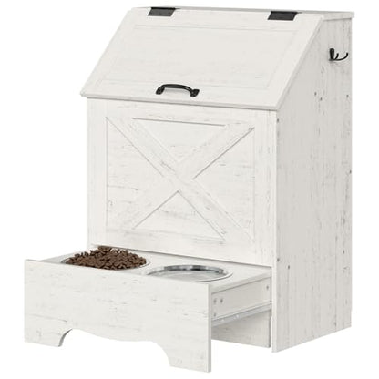 HOOBRO Dog Feeding Station with Sliding Drawer and 2 Hidden Bowls, Pet Feeding Station with Flip-Up Door, Dog Food Storage Cabinet with 2 Hooks for Living Room and Bedroom, Cloud White WT03PO03