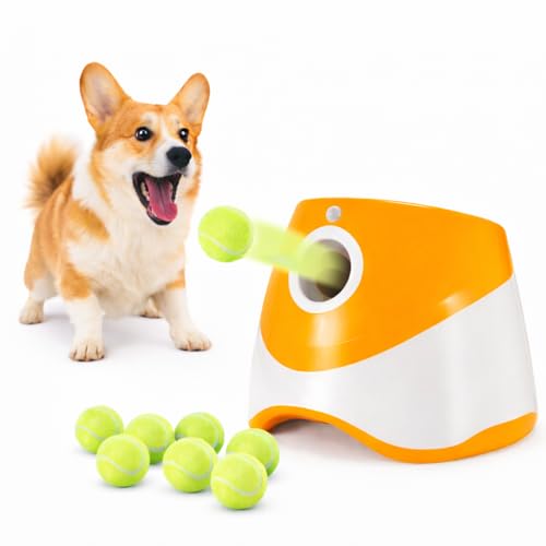 Automatic Dog Ball Launcher for Small & Medium Dogs, Interactive Dog Fetch Machine with 3 Distance Settings (10–30 ft), Mini Tennis Ball Thrower Includes 6 Balls, Indoor Outdoor Dog Toy - Orange