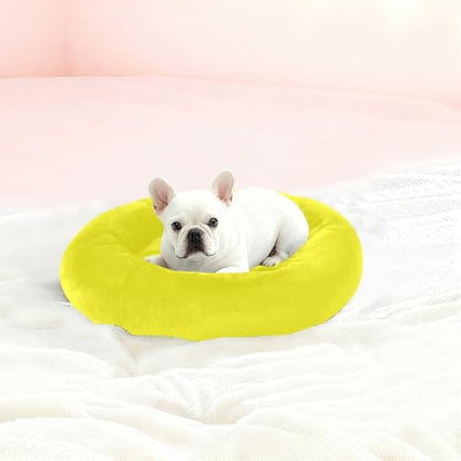 Sunny Yellow Solid Color Calming Dog Bed for Cats & Small Medium Dogs, Washable Plush Round Donut Pet Bed with Soft Raised Rim, 16 inches Warm Anti-Slip Cushio - size: 16 inch