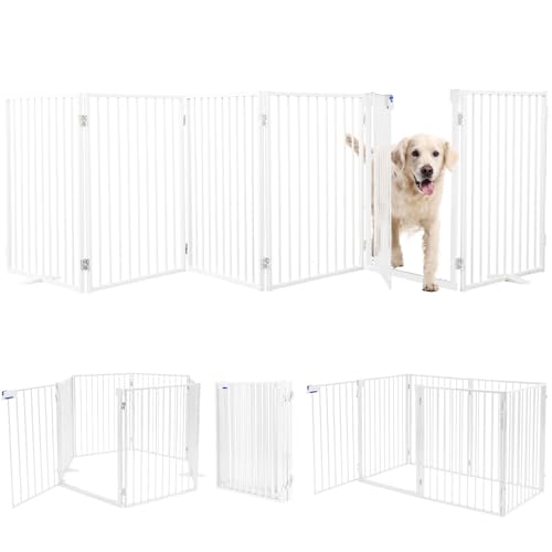 Metal Freestanding Dog Gates with Door,Extra Wide 24", 32" Height Foldable Dog Fence for Indoor & Outdoor, Heavy Duty Freestanding Pet Barrier for Stairs, Doorways, Halls, Kitchen,Yard,Christmas Tree - color: White, size: 6 Panels 32''H*144''W(with Door)