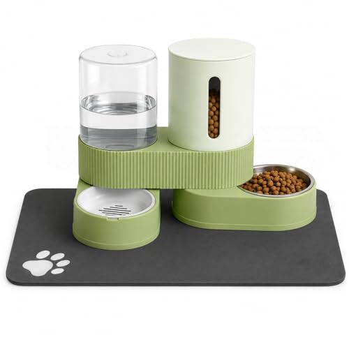 Gravity Cat Feeder 2 Pack Automatic Food Feeder and Water Dispenser Set Detachable Pet Bowl with Silicone Mat for Cats Small Medium Dogs, Large Capacity(Green) - color: Green-With mat