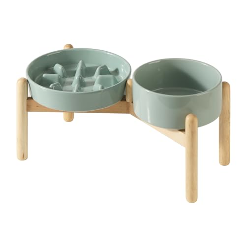 Havniva 7.3” Raised Slow Feeder Dog Bowls Set, 1.2 Cups Ceramic Slow Feeder Dog Bowl and 6.1” Dog Water Bowl with Elevated Wooden Stand Puzzle Dog Food Bowl for Small Dogs Anti-Gulping & Anti-Choking - color: 2 x Light Green+Stand-C, size: 7.3inch