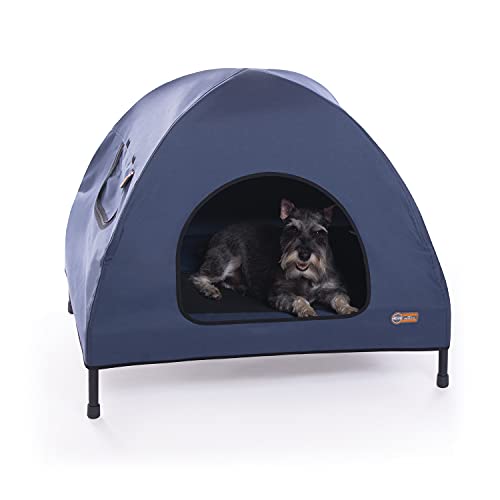 K&H Pet Products Pet Cot House for Medium Dogs, Outdoor Elevated Dog Cot House, Enclosed Canopy, Window Flaps for Air Flow, Washable Cover, Raised Metal Frame, Collapsible - Medium 32 X 25in Blue - size: Medium 25 X 32 X 28 Inches