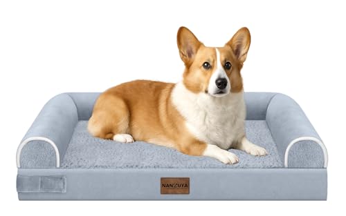 NANUYA Orthopedic Dog Bed for Medium Dogs, 30 x 20 Inch, Light Grey | Egg crate foam for joint support, 3-sided bolster pet sofa, waterproof lining, washable cover, and non-skid base - color: Light Grey, size: 30.0"L x 20.0"W x 6.0"Th