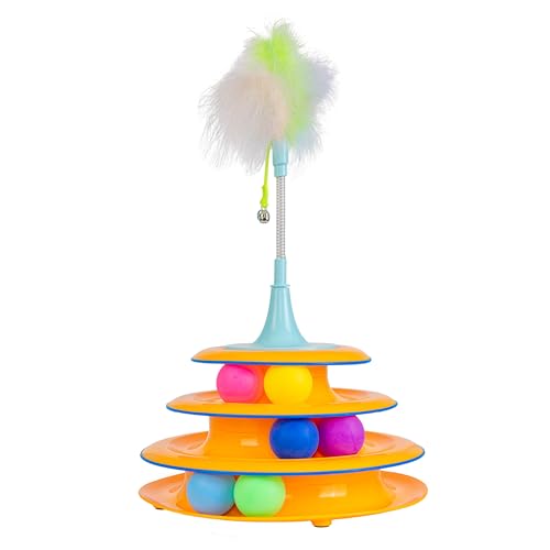 Catstages 2-in-1 Spring Teaser Cat Toy – Bouncy Interactive Cat Ball Track Add-On with Feathers & Bells, Blue - color: Hunt & Swat - Feathers & Bells