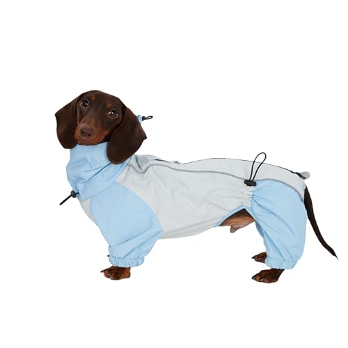 Dachshund Dog Raincoat with Legs, Waterproof Full Body Jacket, Hooded Outdoor Windbreaker for Small & Medium Dogs, Mini Dachshund Puppy Coat (Blue,S(9-13lbs)) - size: Small (9-13lbs)
