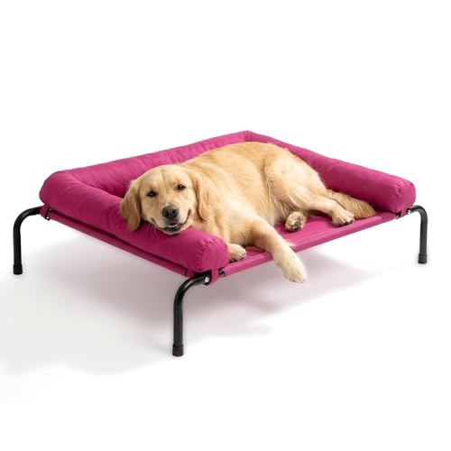 Cooling Elevated Dog Bed, Outdoor Raised Dog Beds, Medium Waterproof Dogs Cot W/Breathable Mesh, Pet Cot W/Portable Removable Bolster - color: Rose Pink, size: 36.0"L x 26.0"W x 8.0"Th