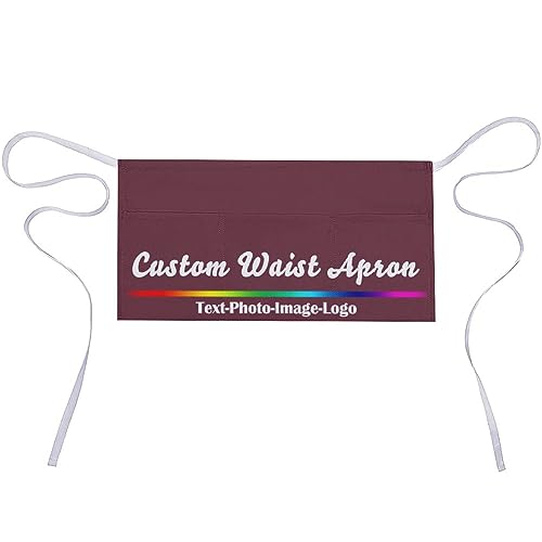 sophiehome Custom Waist Apron with Pockets Add Photo Logo Name Personalized Waiter Server Short Aprons for Kitchen - color: Maroon