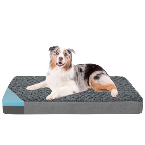 Orthopedic Memory Foam Bed for Large Dogs, Waterproof Cooling Pet Mats for Crate with Removable Washable Cover,Ideal for Arthritic Dogs, L(35inch,65Lbs) - color: Rose Plush, size: Large-35"x 22" x 3"