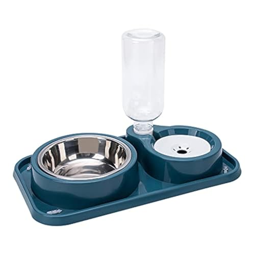 Love Dream Double Dog Cat Bowls, 2 in1 Pet Water and Food Bowl Set with Automatic Gravity Water Dispenser Bottle Detachable Stainless Steel Bowl No-Spill for Cats and Dogs Puppy Kitten Rabbit - color: Blue, size: Capacity Water Bottle: 500ML