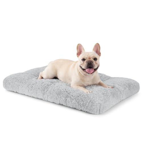JOEJOY Dog Bed Crate Pad, Deluxe Plush Washable Dog Beds Fulffy Soft Kennel Pad Anti-Slip Pet Sleeping Mat for Medium Small Dogs, 29" x 21", Grey - color: Grey, size: M(29"x21"x3")