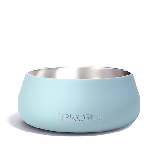 Sipworks Stainless Steel Dog Bowl – 32oz Weighted Metal Food and Water Bowls for Dogs and Cats with Non-Slip Base - Pet Bowls for All Breeds Sizes for Travel & Outdoor Play | Powder Blue - color: Powder Blue