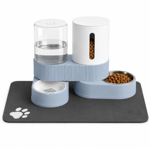 Gravity Cat Feeder 2 Pack Automatic Food Feeder Stainless Steel Water Dispenser Set 360 Degree Rotatable Pet Bowls with Silicone Mat for Cats Small Medium Dogs, Large Capacity(Blue) - color: Blue-With mat