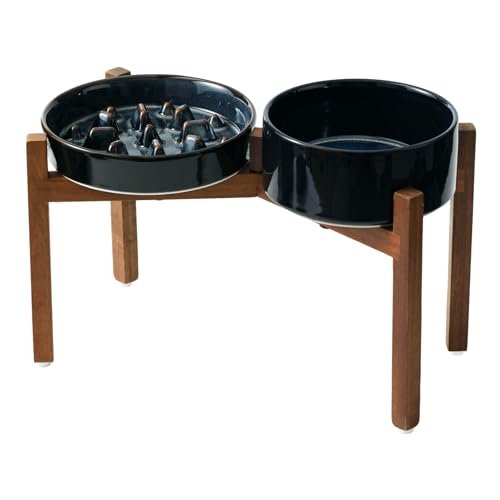 Havniva 1.6 Cup Elevated Slow Feeder Dog Bowls, 8.2” Dog Slow Feeding Bowls + 7.3” Ceramic Dog Water Bowls Set with Acacia Wood Stand Dog Food Bowls Puzzle Feeder for Medium Dogs Non-Slip Anti-choking - color: 2 x Starry Sky + Stand - C, size: L- 8.2inch