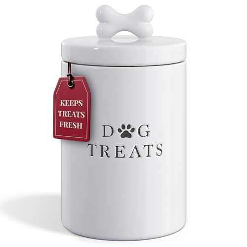 Barnyard Designs Large Dog Treat Container Airtight with Lid, Cute Rustic Ceramic Dog Treat Storage Jar for Kitchen Counter (White) - color: White