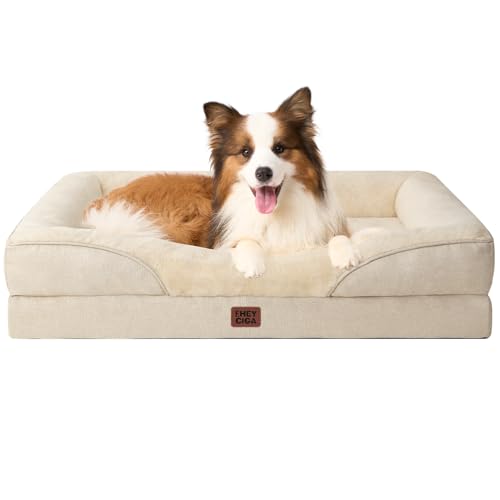 EHEYCIGA Orthopedic Dog Bed for Large Sized Dog, 41x27 Inch Large Memory Foam Dog Couch Bed with Sides, Waterproof Liner & Washable Removable Cover, Bolster Pet Sofa, Beige - color: Beige, size: 41x27x7.5