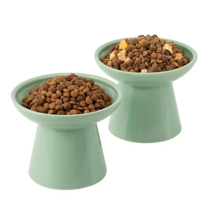 CEEFU Extra Wide Elevated Ceramic Cat Bowl, 6.2" Shallow Dish for Whisker Fatigue Relief, 5" Height for Easy Feeding, Durable Raised 2 Cat Food Bowls, Sage Green - color: Sage Green-2 Food Bowl