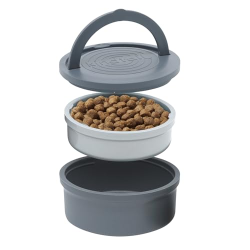 KindTail Portable Pet Feeder, Travel Dog Bowls with Lid and Handle, Microwave and Dishwasher-Safe, 10oz Inner Bowl & 20oz Outer Bowl, Grey - color: Grey, size: Small
