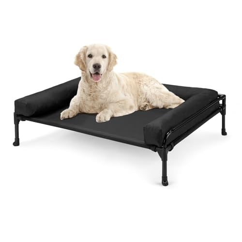 Veehoo Elevated Raised Dog Bed-Cooling Outdoor Dog Cot Bed for Large Sized Dogs Three-Sided Fence Raised Pet Cot with Mesh & No-Slip Feet Dog Hammock Bed with Removable Bolster-35 x 22" Black - color: Black, size: 35.0"L x22.0"W x 11.0"Th