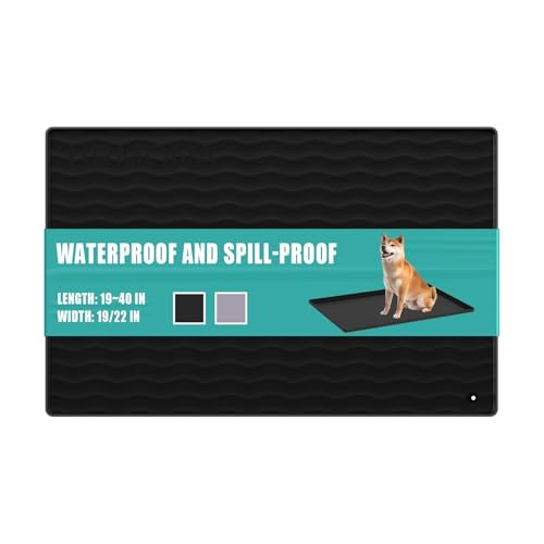 URMONA 19" x 19" Silicone Pet Feeding Mat, Dog Cat Food and Water Mat, Waterproof Raised Edge Cat Litter Box Tray, Rubber Pets Accessories, Puppy Kitty Essentials（Black）