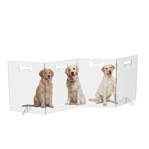 Clear Acrylic Dog Gate, 4 Panel 96" W x 31.5" H, Transparent Freestanding Pet Playpen Indoor, Foldable Pet Fence Barrier for Doorway with Handle/Support Feet - size: 4 Panel 96" W x 31.5" H