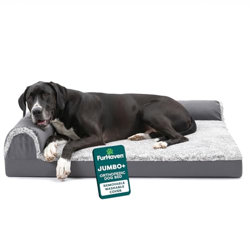 Furhaven Orthopedic Dog Bed for Large Dogs w/ Removable Bolsters & Washable Cover, For Dogs Up to 125 lbs - Two-Tone Plush Faux Fur & Suede L Shaped Chaise - Stone Gray, Jumbo Plus/XXL - color: Stone Gray, size: Jumbo Plus