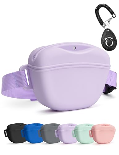 heouvo Dog Treat Pouch with Training Clicker, Upgrade Stronger Magnetic Closure to Avoid Spilling, 1.67 Cup Silicone Treat Bag Fanny Pack with Waist Belt for Pet Training Walking (Violet) - color: Violet