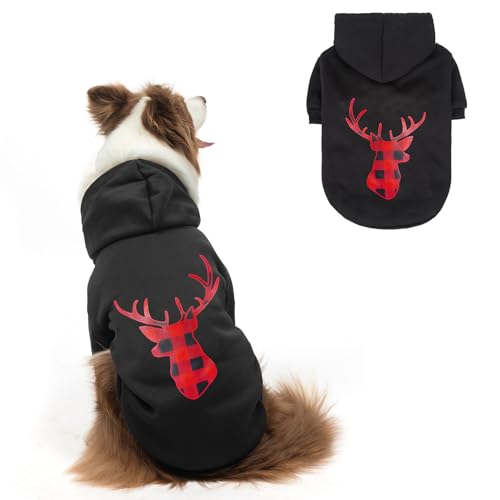 SCENEREAL Christmas Dog Hoodie with Leash Hole, Warm & Soft Fleece Pet Sweater & Sweatshirt for Small Medium Large Dogs, Xmas Elk Print Pets Clothes Cold Weather Costume, L - color: Black (Elk Print), size: Large