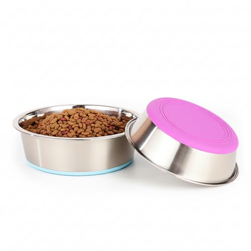 Deep Stainless Steel Non-Skid Dog and Food Bowls, Each Holds Up to 16 Cups - color: Blue&Roes Red, size: 12 Cup for Lager Pet