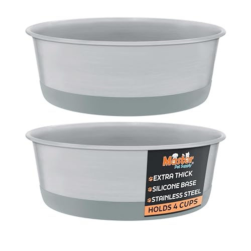 Master Pet Supply Stainless Steel Dog Bowls Set of 2 with Extra Thick Silicone Base - 4 Cup (32 oz) Graphite, Non-Slip, Dishwasher Safe Metal Bowls, Pet Dog Food Bowl for Dogs, Cats, Anti Rust - color: Graphite, size: 4 Cups (32 oz) 2 Pack