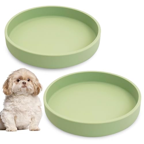 Silicone Dog Bowl Shallow Cat Food Bowls 7in Flat Puppy Plates Cute Whisker Fatigue Pet Feeding Dishes Set of 2 for Dry and Wet Food Indoor (Round Bean Green) - color: Bean Green, size: L: 7 inches - without Suction Cup
