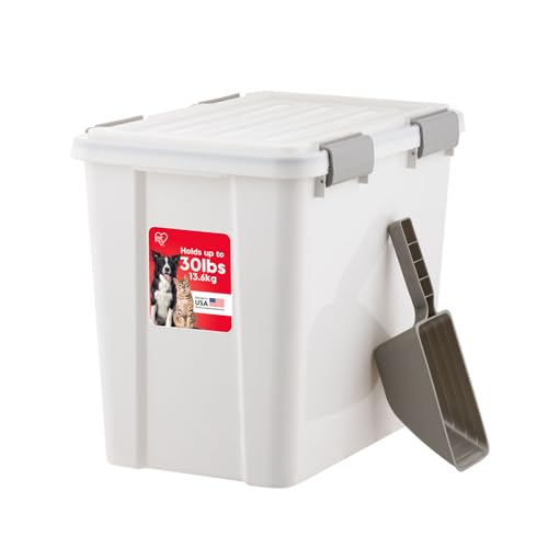 IRIS USA Stackable Dog Food Storage Container with 2 Cup Scoop, 4 Secure Latches, Fits up to 30 lbs, Pet Dry Food Bin, Gasket Seal Lid, BPA Free, Stackable, Easy Measure, White - color: White/Gray